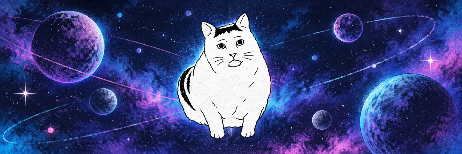 WOHUHCAT drifting through a blue and violet cosmic landscape