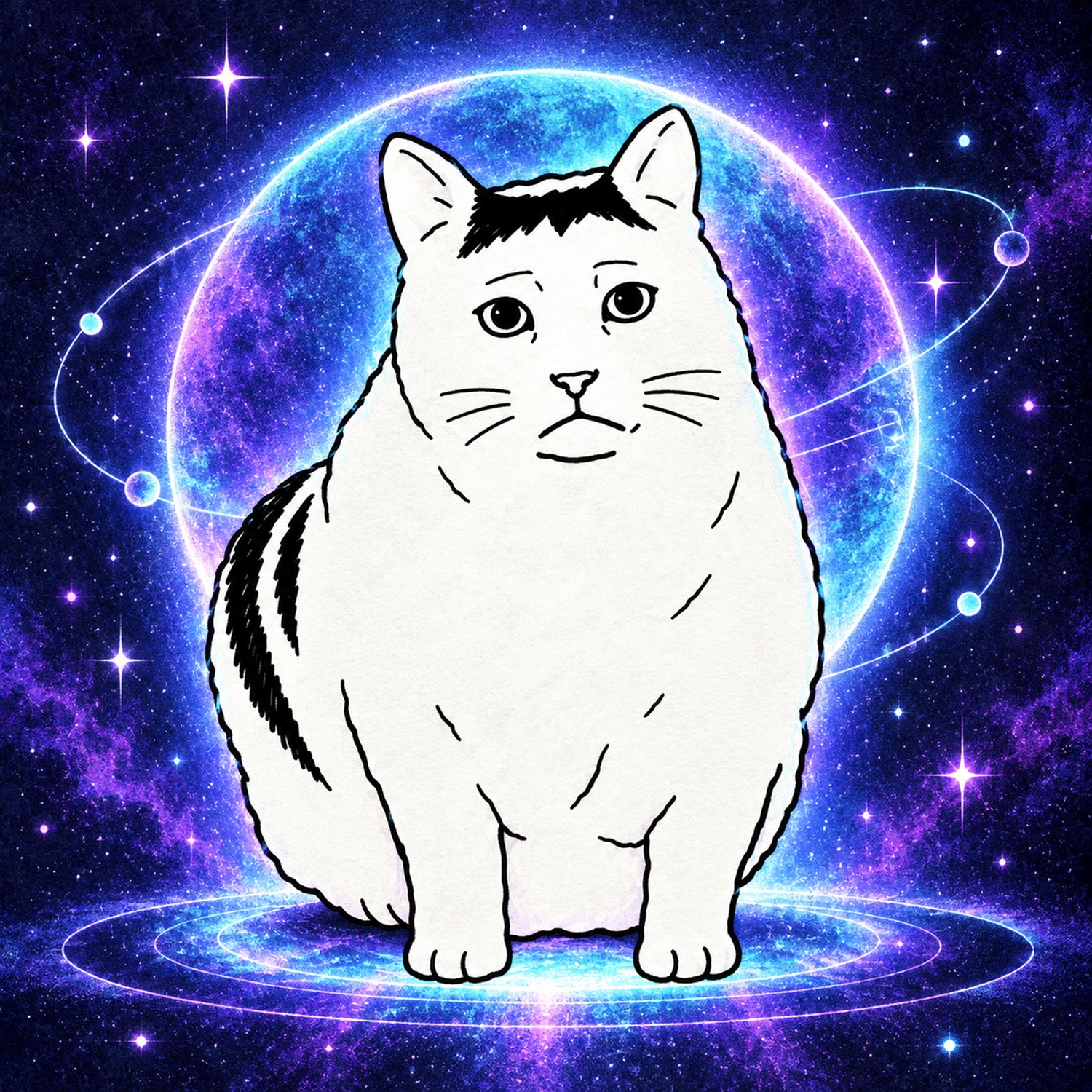 WOHUHCAT floating inside a violet and cyan cosmic portal